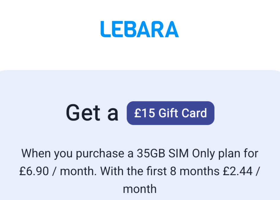 Lebara 35GB monthly SIM + Free £15 gift card