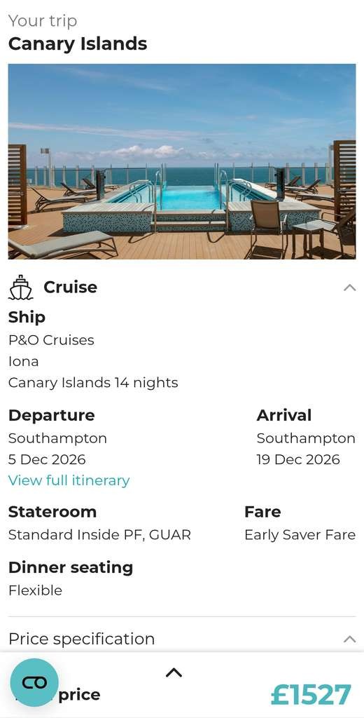 P&O Iona No Fly Canaries Cruise, 14 nights, Inside Cabin for 2 adults, Full Board, S'hampton 5 Dec 2026