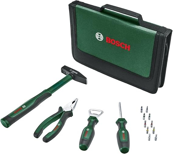 Bosch Easy Starter Hand Tool Set 14-Piece, Combination Pliers, Screwdriver, Bottle Opener, Hammer, 10 Bits
