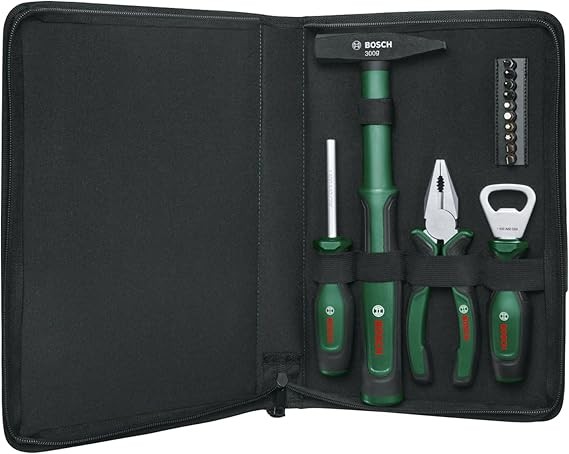 Bosch Easy Starter Hand Tool Set 14-Piece, Combination Pliers, Screwdriver, Bottle Opener, Hammer, 10 Bits