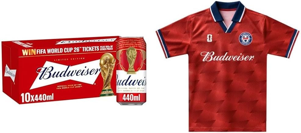 Budweiser Lager Beer Can, 10 x 440ml and Budweiser Jersey Red Vintage Fit Small Shirt Bundle