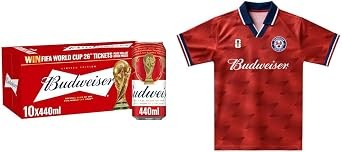 Budweiser Lager Beer Can, 10 x 440ml and Budweiser Jersey Red Vintage Fit Small Shirt Bundle