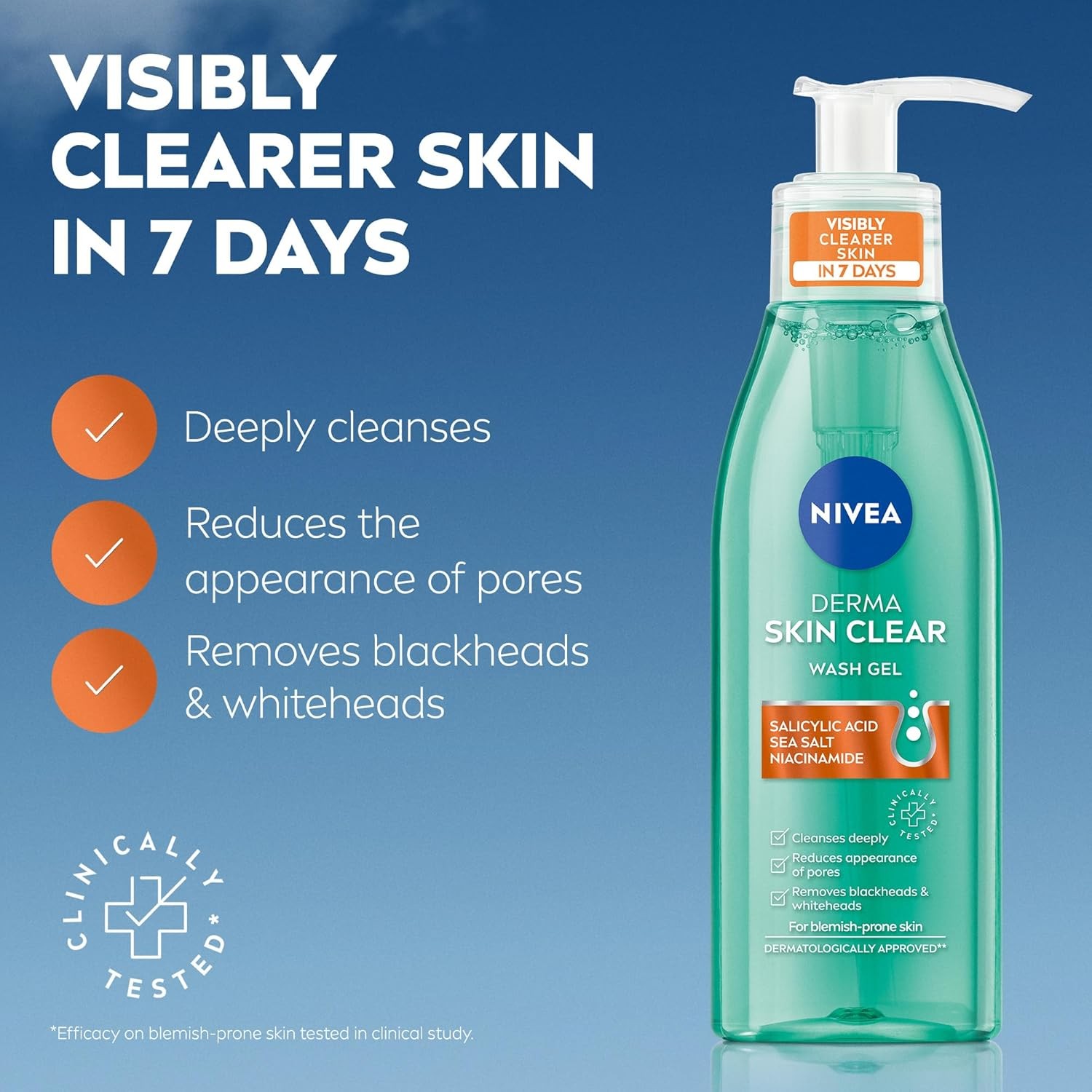 Nivea Derma Skin Clear Wash Gel 150ml, Salicylic Acid Face Wash with Niacinamide