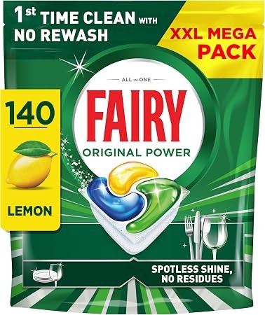 Fairy Original Power Dishwasher Tablets Lemon, 140 Capsules, 1st Time Cleaning Action, No Rewash, Effective on 100% Grease, Spotless Shine Without Residues