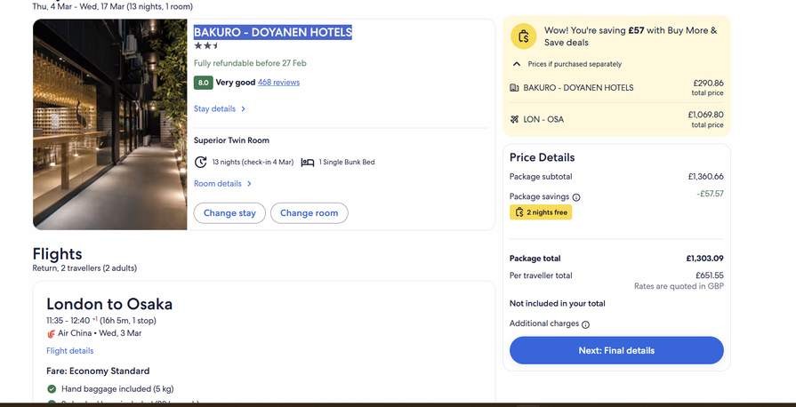 13 Nights Osaka Japan, Bakuro Doyanen Hotels, Flights from London, 3-17 March, £652pp