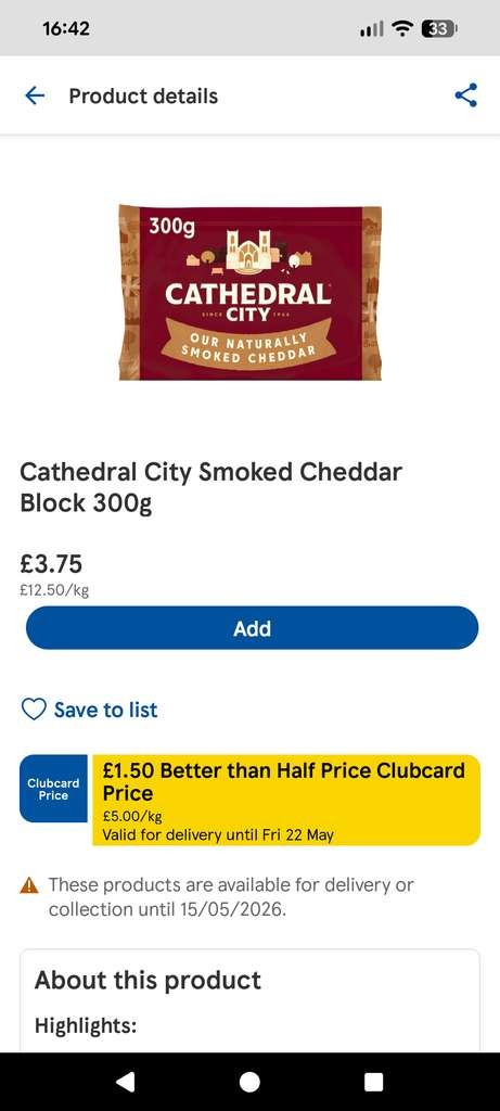 Cathedral City Smoked Cheddar 300g block, can't go wrong