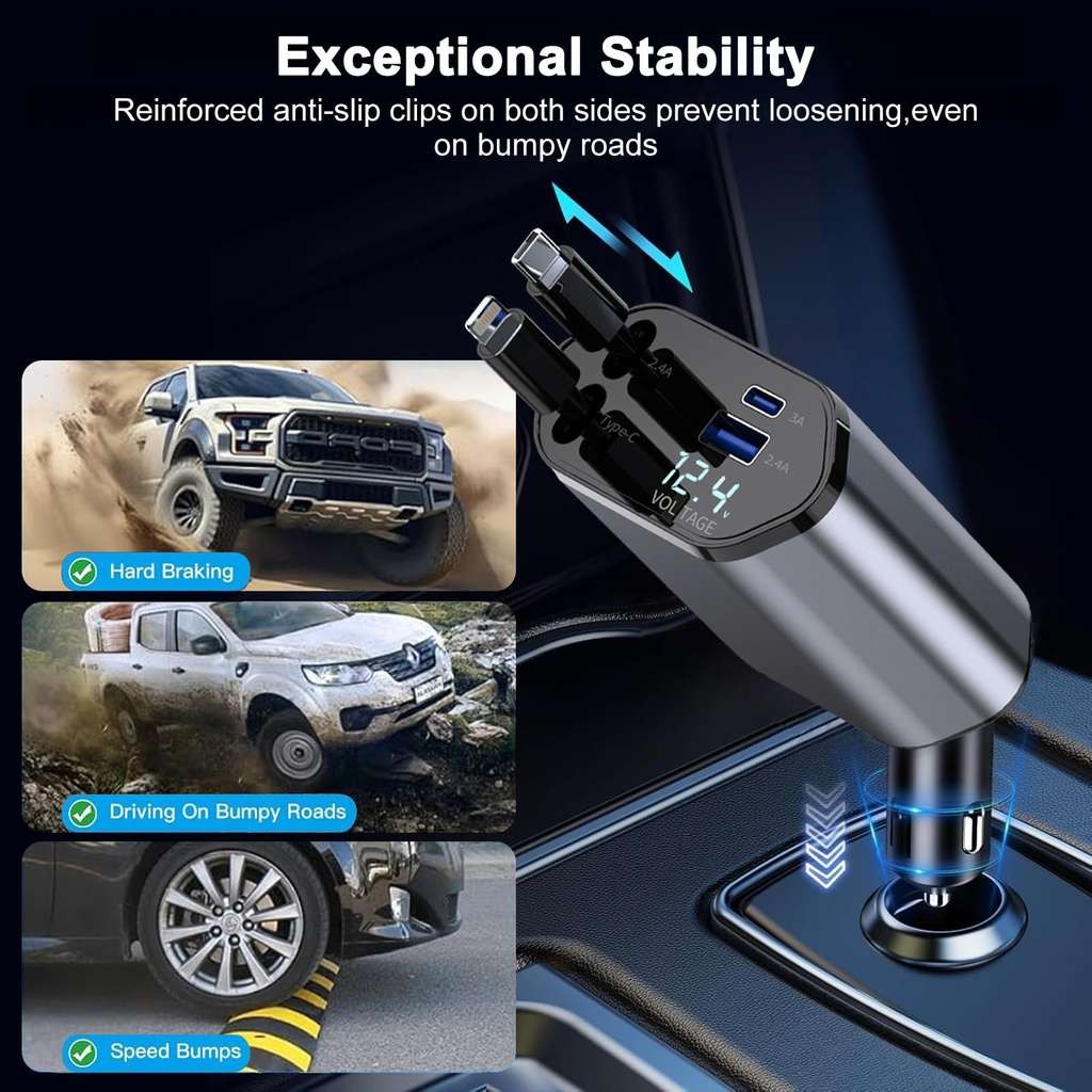 Retractable car charger, 4-in-1 adapter, 120W Super Fast, JIAWEI XIANG (FBA)