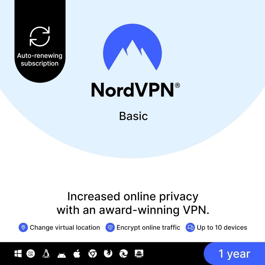 NordVPN Basic, 10 Devices, 1-Year, Premium VPN Software Amazon Auto-Renewing Subscription