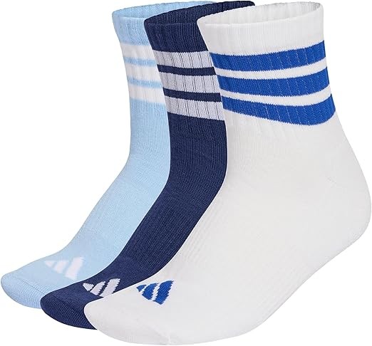 adidas Unisex 3 STRIPES CUSHIONED SPORTSWEAR MID CUT SOCKS 3 PAIR PACK, dark blue/white/glow blue, 8.5-10, Amazon.co.uk