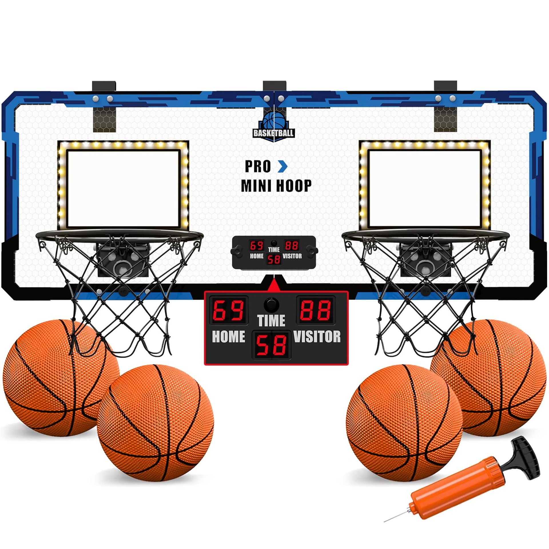 Dual Basketball Hoop for Kids 2 Player Indoor Game with LED Lights, Scoreboard, Pump and 4 Balls