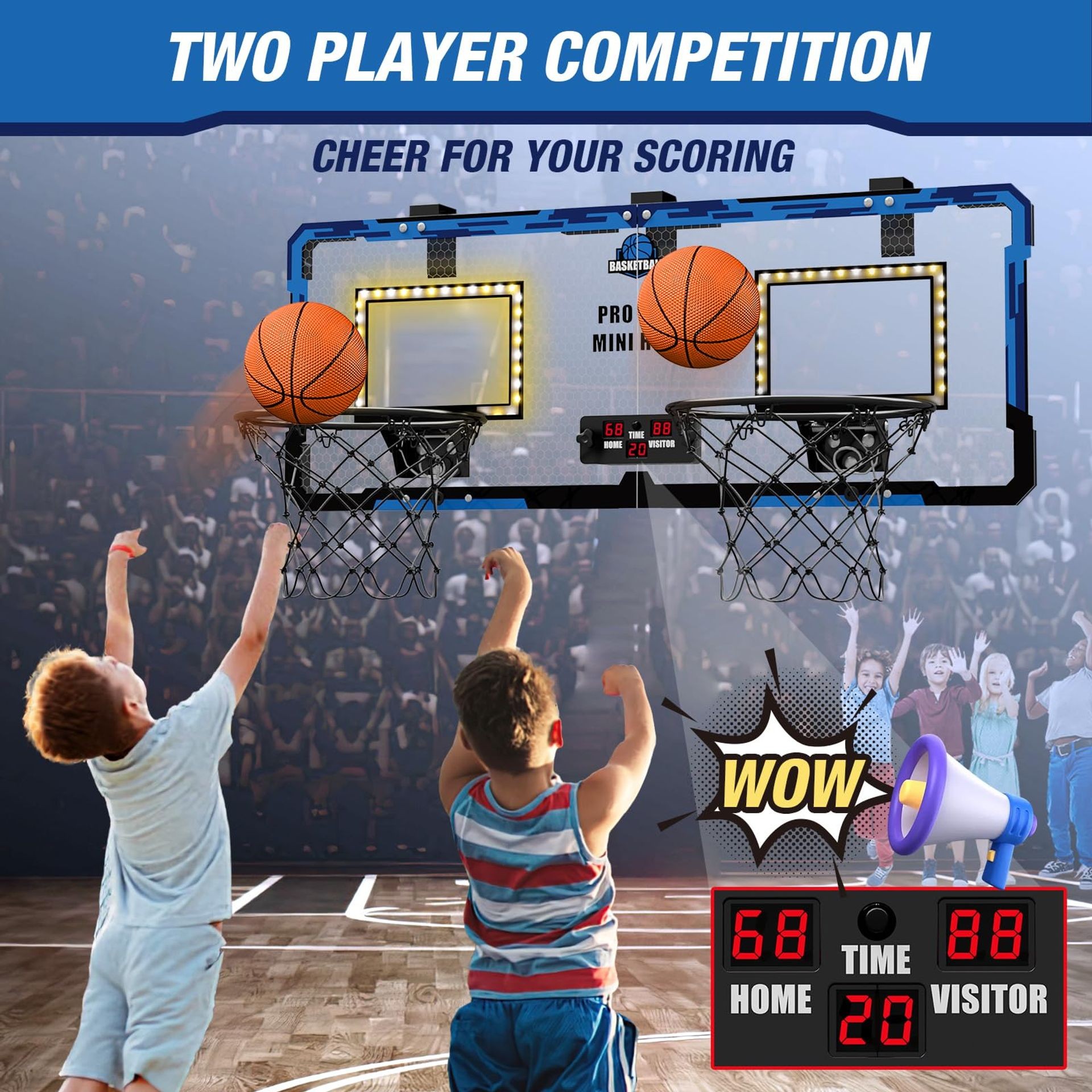 Dual Basketball Hoop for Kids 2 Player Indoor Game with LED Lights, Scoreboard, Pump and 4 Balls