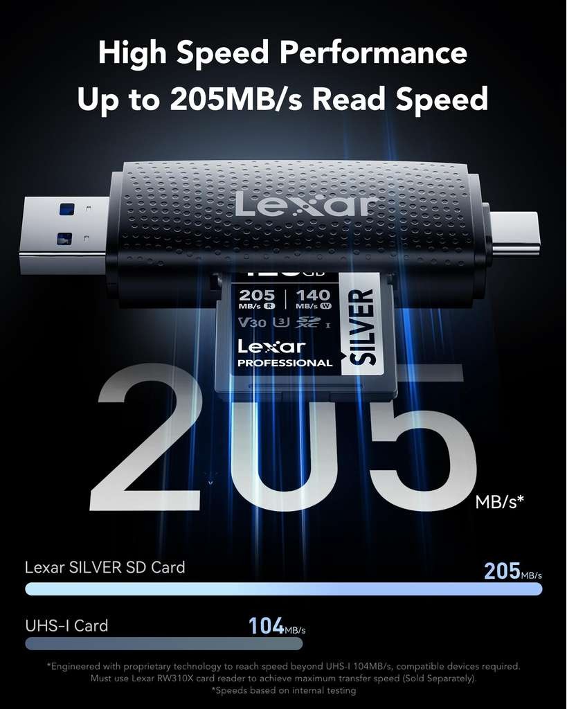 Lexar 128GB SD Card Silver, Up to 205MB/s Read, 140MB/s Write, SDXC UHS-I, Class 10, U3, V30