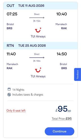 Return Flights to Marrakech from Bristol with TUI, 11-25 August, 2 x Hand Luggage