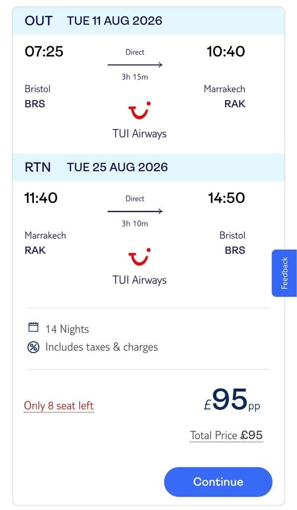 Return Flights to Marrakech from Bristol with TUI, 11-25 August, 2 x Hand Luggage