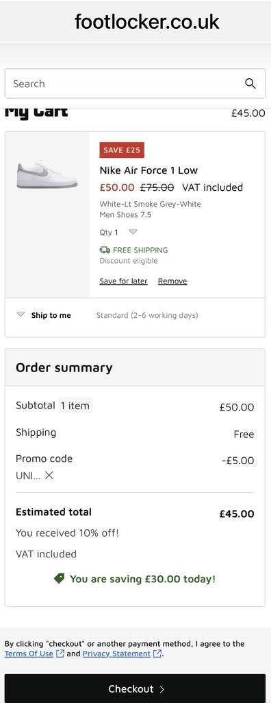 Mens Nike Air Force 1 Low, White-Lt Smoke Grey-White, Size 7.5 with Code via Unidays or BLC