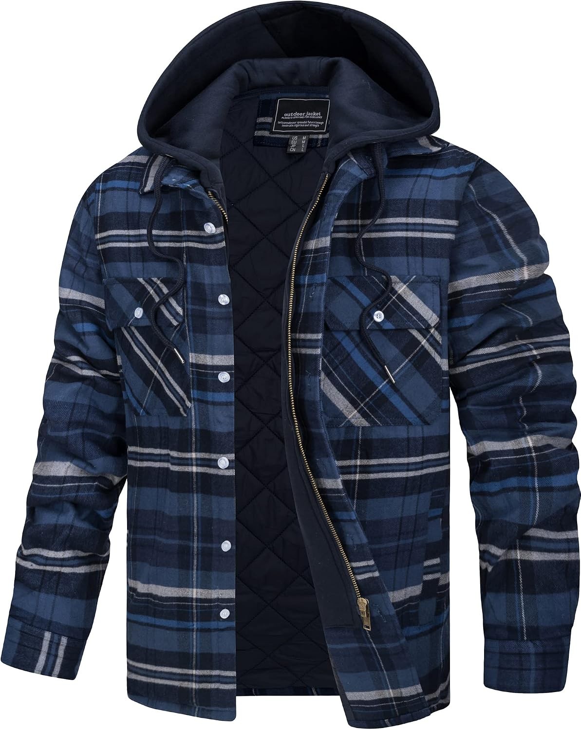 Tacvasen Men's Hooded Lumberjack Quilted Fleece Check Button Shirt Jacket