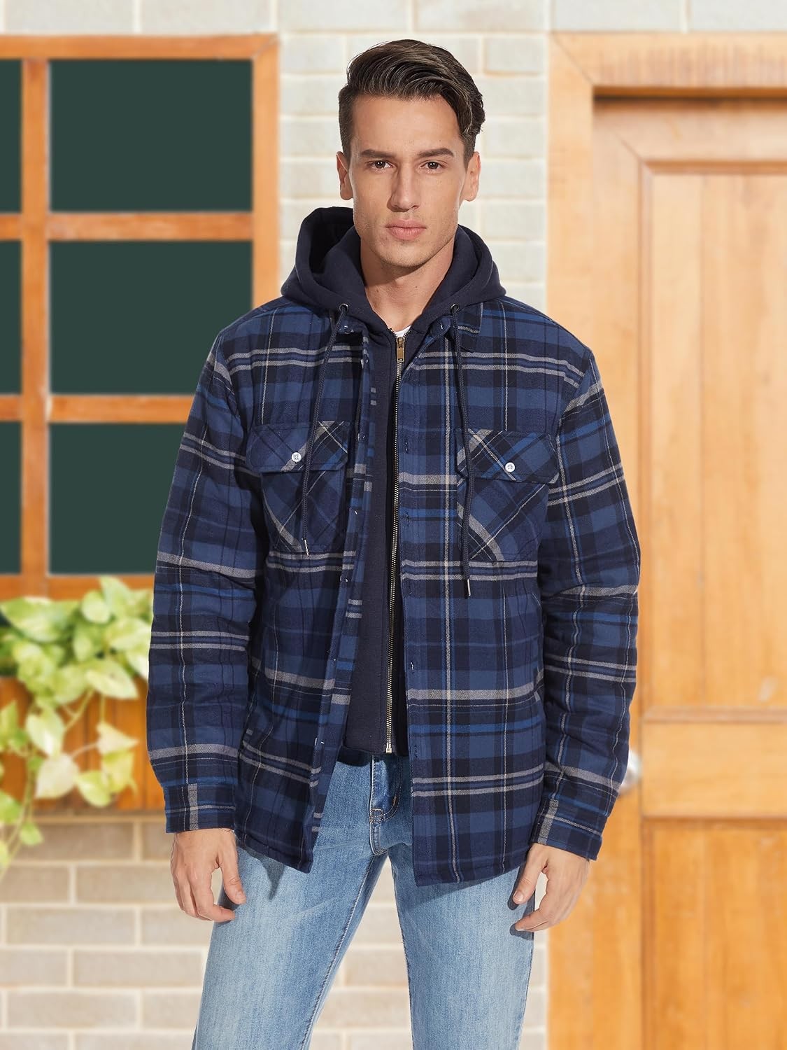 Tacvasen Men's Hooded Lumberjack Quilted Fleece Check Button Shirt Jacket