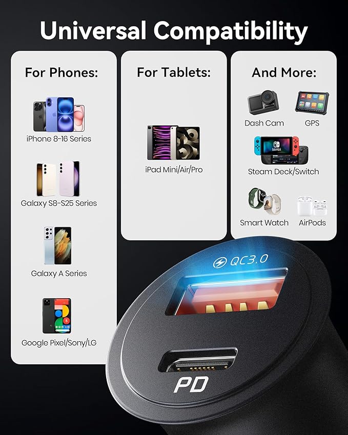 INIU Car Charger, Cigarette Lighter USB Charger Total 60W [USB C 30W+USB A 30W] 12V USB Socket