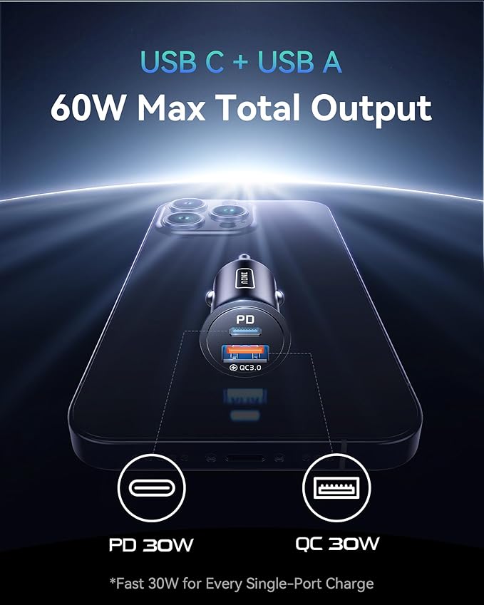 INIU Car Charger, Cigarette Lighter USB Charger Total 60W [USB C 30W+USB A 30W] 12V USB Socket
