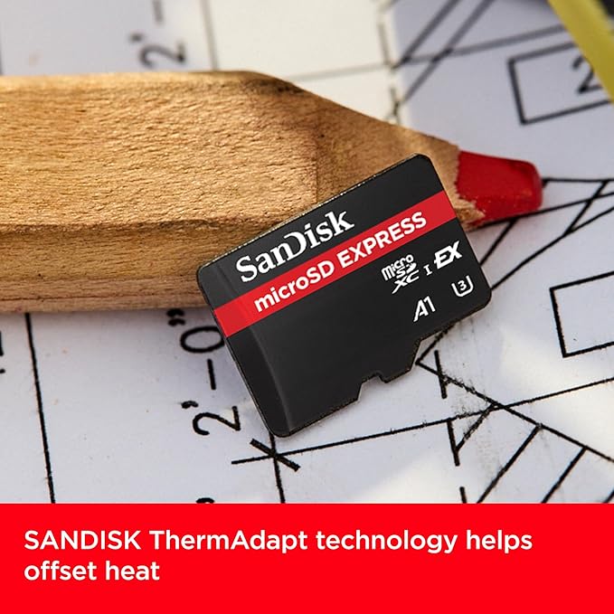 SanDisk microSD Express Card, 512GB mSD card, Read speeds up to 880 MB/s, Write Speeds up to 650MB/s, Sustained Write 220MB/s, SanDisk QuickFlow Technology, ThermAdapt, UHS-I, U3, C10