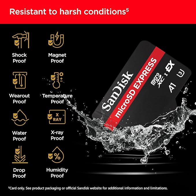 SanDisk microSD Express Card, 512GB mSD card, Read speeds up to 880 MB/s, Write Speeds up to 650MB/s, Sustained Write 220MB/s, SanDisk QuickFlow Technology, ThermAdapt, UHS-I, U3, C10