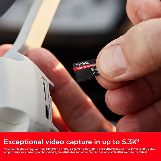 SanDisk microSD Express Card, 512GB mSD card, Read speeds up to 880 MB/s, Write Speeds up to 650MB/s, Sustained Write 220MB/s, SanDisk QuickFlow Technology, ThermAdapt, UHS-I, U3, C10