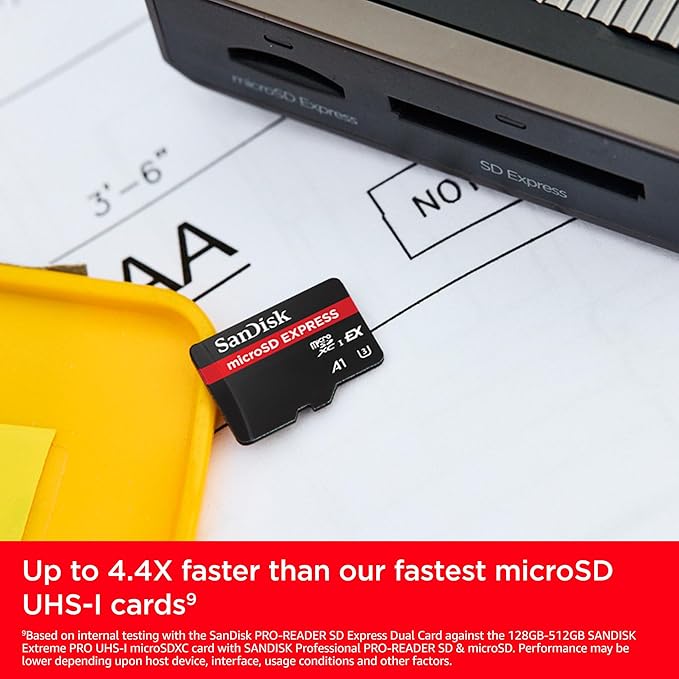 SanDisk microSD Express Card, 512GB mSD card, Read speeds up to 880 MB/s, Write Speeds up to 650MB/s, Sustained Write 220MB/s, SanDisk QuickFlow Technology, ThermAdapt, UHS-I, U3, C10