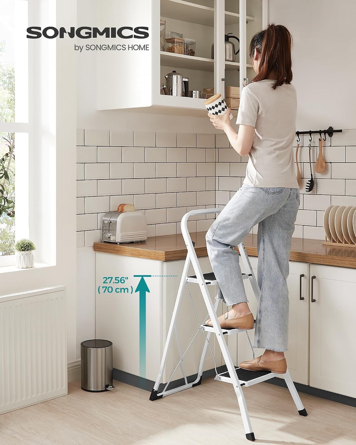Songmics 3-Step Folding Ladder, Holds up to 150kg, White, Brody Collection GSL03WT