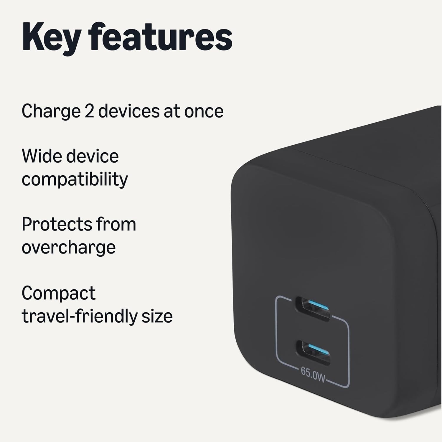 Amazon Basics 65W 2-Port USB C Nano GaN Wall Charger, Black