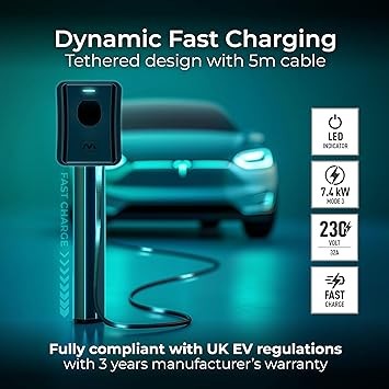 Masterplug Smart EV Home Wall Charger for Type 2 Electric and Plug-In Hybrid Vehicles, Tethered with 5m Cable, Mode 3, App Control, Solar Charging, Single Phase, Black, IP55, 7.4kW, 32A, EVCM3ST7B-MP