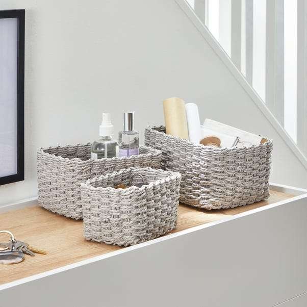 Handy set of 3 Paper Rope Storage Baskets, Grey/White, free C&C