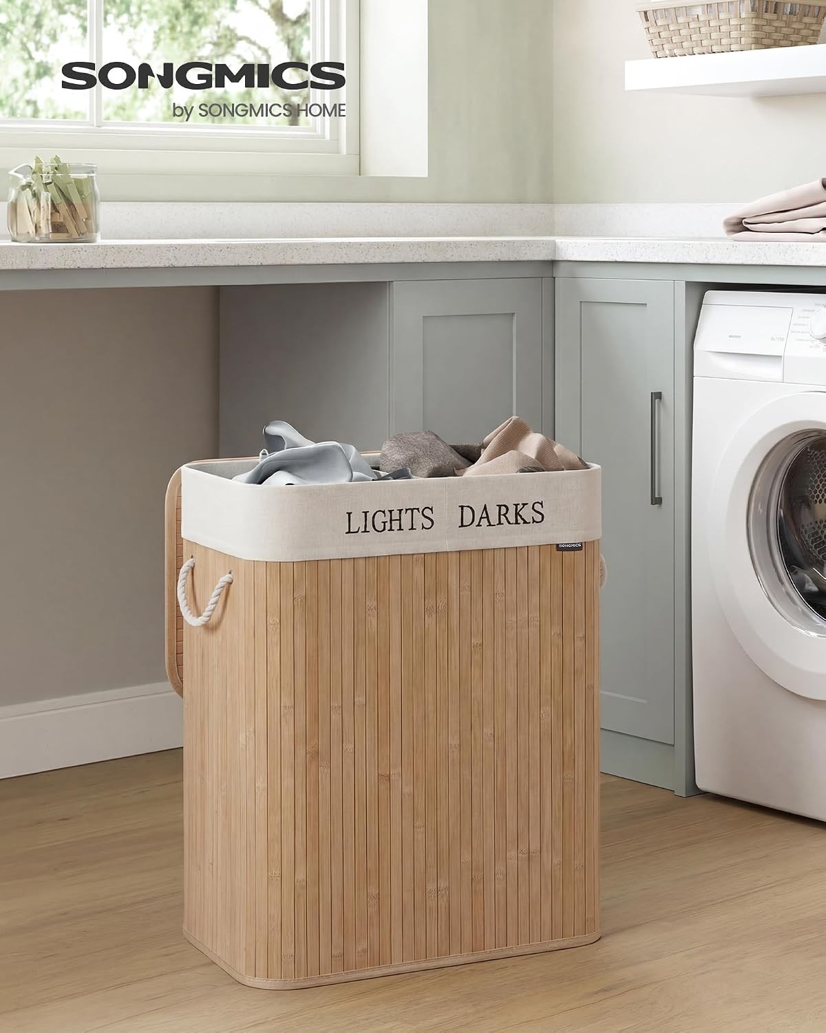 Songmics Laundry Basket, 100L, Bamboo Foldable Hamper with Lid, 2 Compartments, Natural LCB64Y