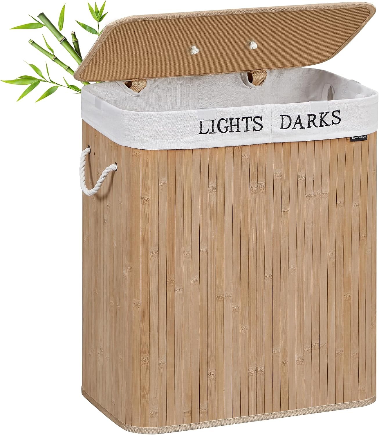 Songmics Laundry Basket, 100L, Bamboo Foldable Hamper with Lid, 2 Compartments, Natural LCB64Y