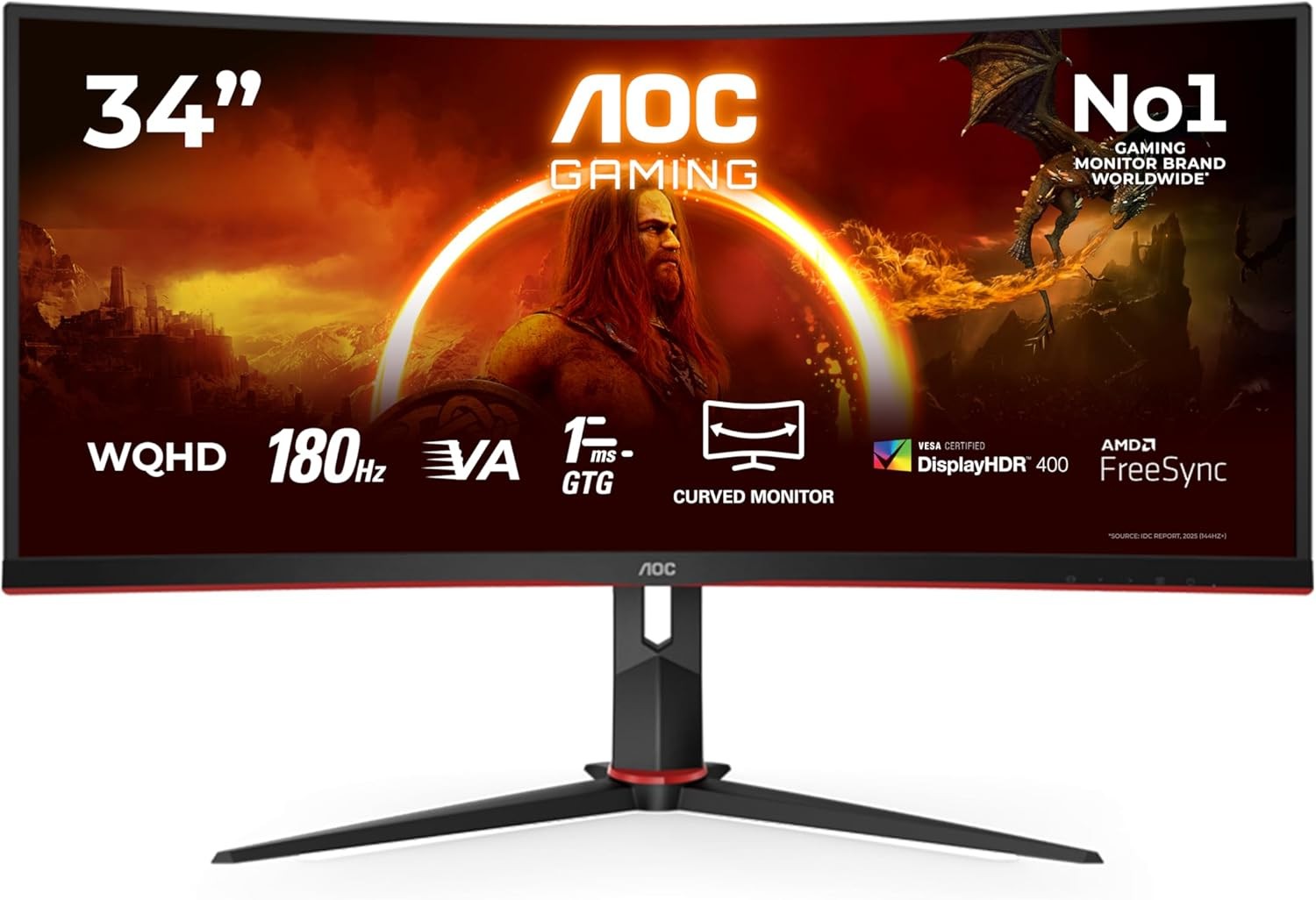 AOC CU34G2XP/BK 34 inch UW-QHD Gaming Monitor Curved, 180Hz, Fast VA Panel, 1ms GtG, HDR400, FreeSync Premium, Height Adjustment, 3440x1440 HDMI 2x 2.0 USB Hub, Black/Red