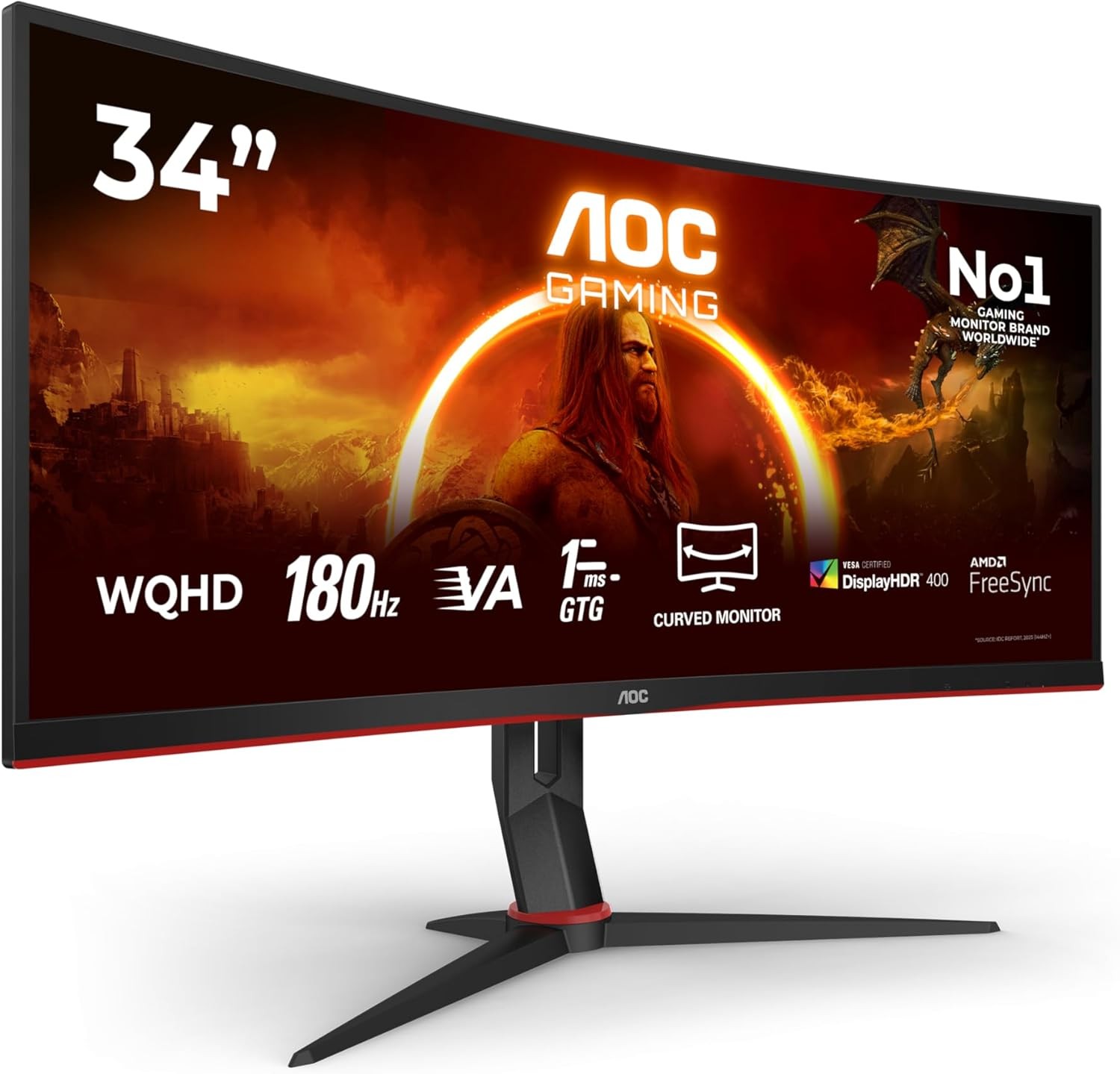AOC CU34G2XP/BK 34 inch UW-QHD Gaming Monitor Curved, 180Hz, Fast VA Panel, 1ms GtG, HDR400, FreeSync Premium, Height Adjustment, 3440x1440 HDMI 2x 2.0 USB Hub, Black/Red