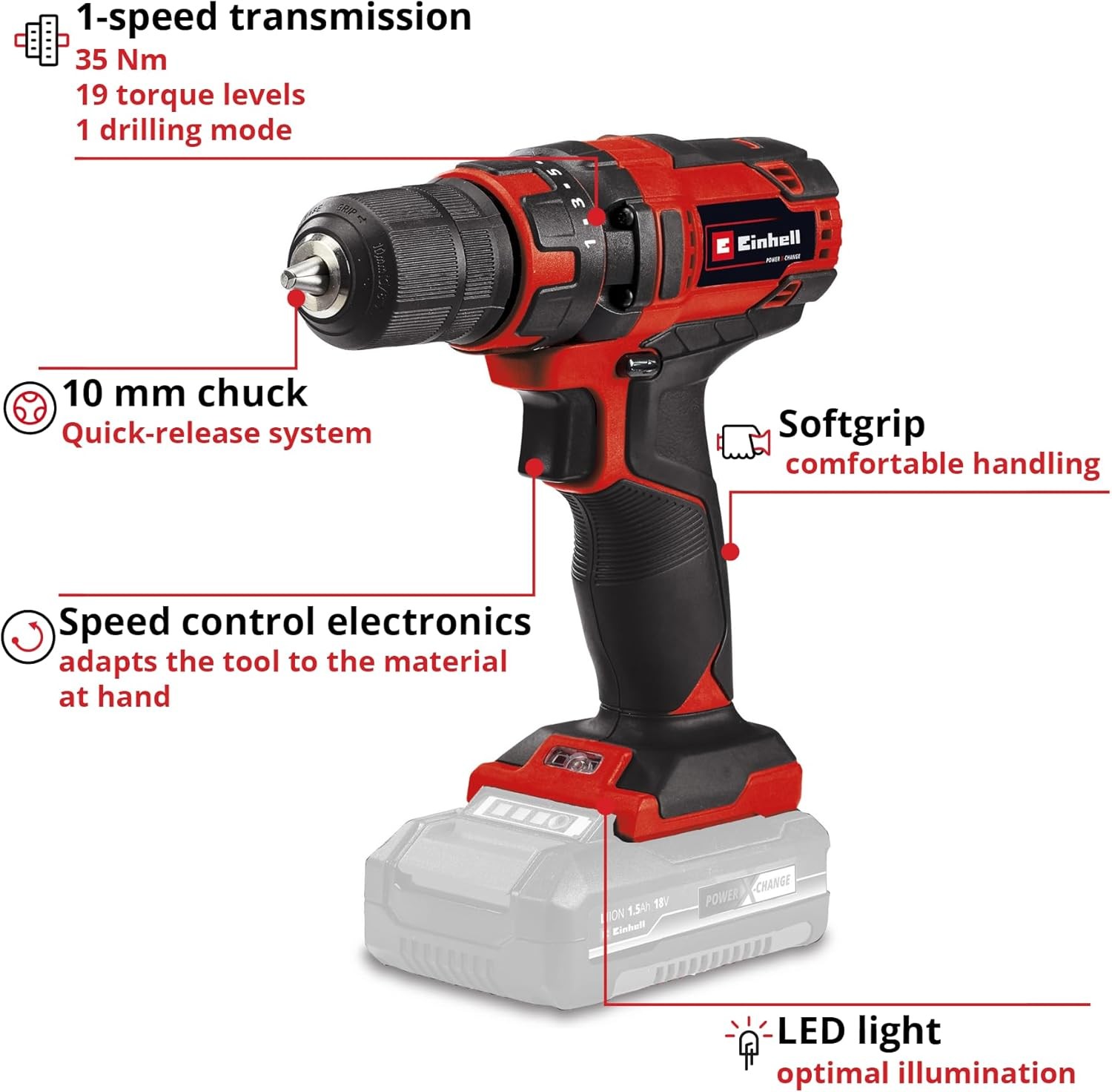 Einhell Cordless Drill 18V Power X-Change Combi Drill and Screwdriver TC-CD 18/35 Li-Solo
