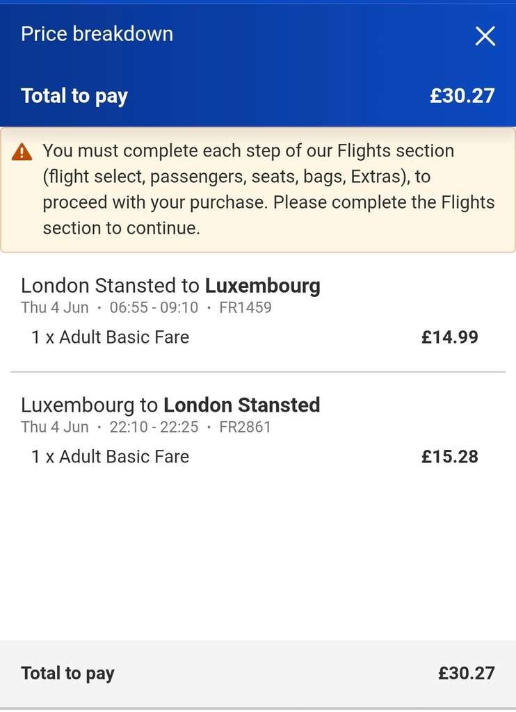 Extreme Day Trip to Luxembourg from Stansted on 4th June. Early/late flights, 40x20x30cm hand luggage
