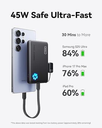 INIU 45W Fast Charging Power Bank, 10000mAh with Detachable Cable, Flight-Safe Travel Portable Charger, USB C Mobile Phone Portable Powerbank for iPhone 17 16 15 Pro iPad Samsung S25