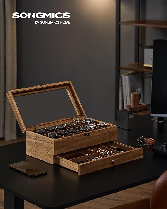 SONGMICS Watch Box with 12 Slots, 2-Tier Wood Watch Case with Large Glass Lid, Watch Pillows, Velvet Lining, Jewellery Box, Rustic Walnut JOW012K01
