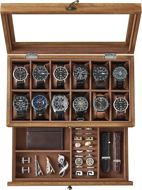 SONGMICS Watch Box with 12 Slots, 2-Tier Wood Watch Case with Large Glass Lid, Watch Pillows, Velvet Lining, Jewellery Box, Rustic Walnut JOW012K01