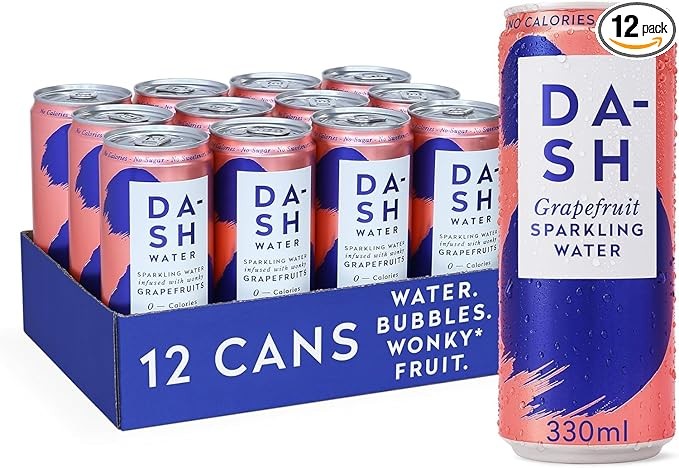 DASH Water Grapefruit, 12 x Grapefruit Flavoured Sparkling Spring Water, No Sugar, No Sweetener, No Calories, Infused with Wonky Fruit, 12 x 330ml cans