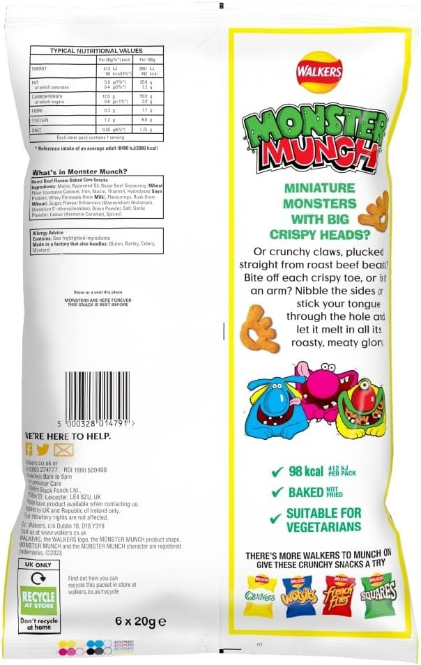 Walkers Monster Munch Roast Beef Multipack Snacks Crisps 6x20g